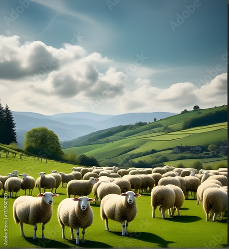 Peaceful Pastures: A Flock of Sheep Grazing on Vibrant Green Hills