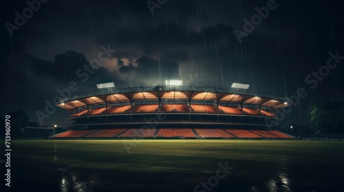 Football stadium field, football background, at night seen from the side of the stadium. photo