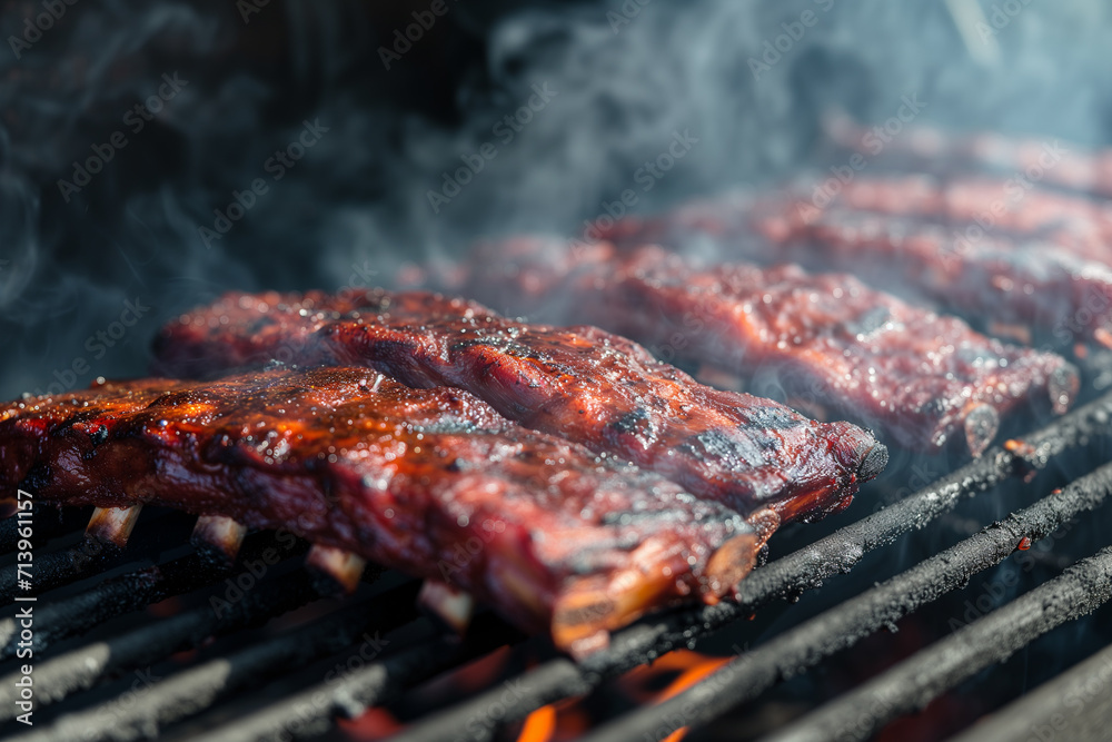 Smoky Barbecue Ribs: A Rack of Tender Ribs Glazed with a Glossy BBQ Sauce on the Grill