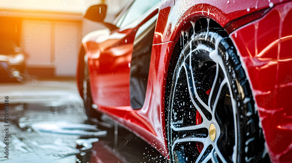 Professional Car Wash Red Sportscar with Shampoo close-up