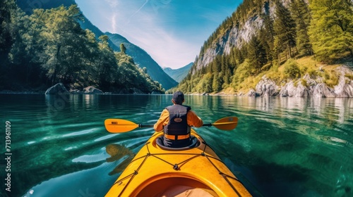 Mature man looking away while rowing on a lake against the sky, with forest and mountain views. photo