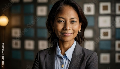 Portrait middle-aged female business executive, wall of photos behind, leadership, experience, success, corporate