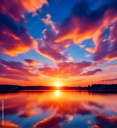 Radiant Sunset Over Calm Lake  A Majestic Display of Nature   s Beauty