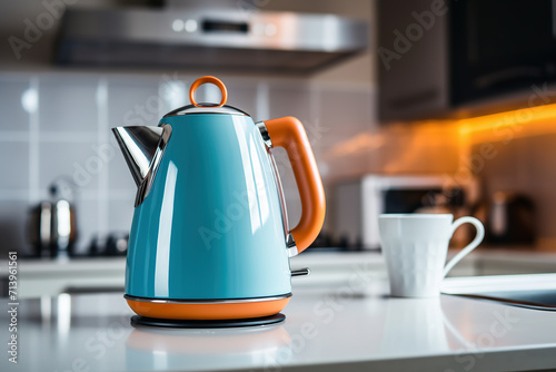 Electric kettle and cup on kitchen table photo