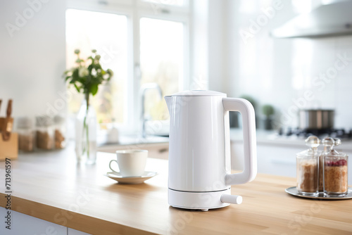 Electric kettle and cup on kitchen table photo