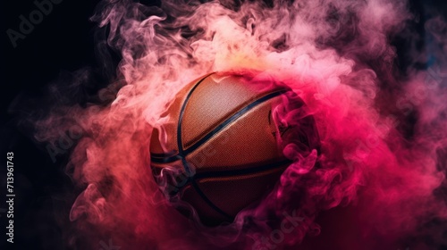 basketball surrounded by red smoke on a black background, original and creative shot. © MUCHIB