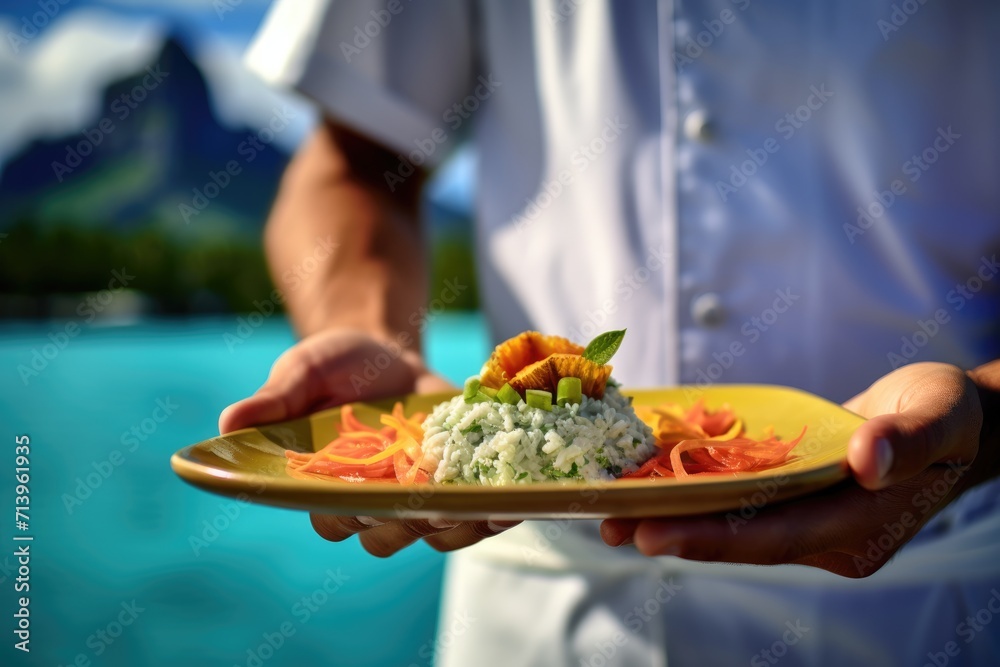 Tahitian Flavors: A Chef Presents a Dreamlike Plate of Poisson Cru, the Tahitian Delicacy, Against the Breathtaking Backdrop of Bora Bora's Turquoise Lagoon and Overwater Bungalows.

