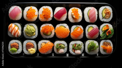 Sushi set on black background. Sushi art. Beautiful serving traditional Japanese food. Rice and fish. 