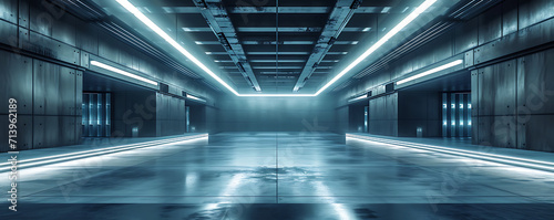 an empty building with concrete walls and steel lights, in the style of matte background, large-scale canvas, futuristic, dark silver and light blue photo