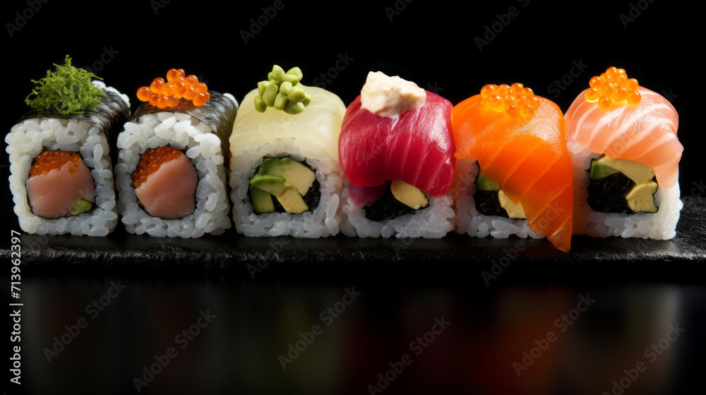 Sushi set on black background. Sushi art. Beautiful serving traditional Japanese food. Rice and fish.
Sushi set on black background. Sushi art. Beautiful serving traditional Japanese food. Rice and fish.