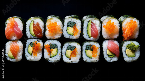 Sushi set on black background. Sushi art. Beautiful serving traditional Japanese food. Rice and fish. 
