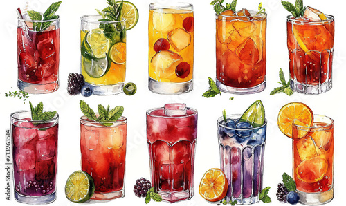 watercolor stickers glass ice drink fruit alcohol white background