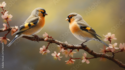 Photographie A couple of small finch birds on a branch