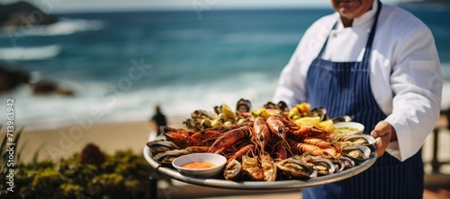 Seafood in Galicia: Dive into the Culinary Extravaganza as a Galician Chef Showcases a Platter Full of Fresh Clams, Mussels, Scallops, Octopus, and Local Specialties. photo