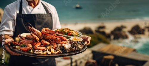 Seafood in Galicia: Dive into the Culinary Extravaganza as a Galician Chef Showcases a Platter Full of Fresh Clams, Mussels, Scallops, Octopus, and Local Specialties. photo