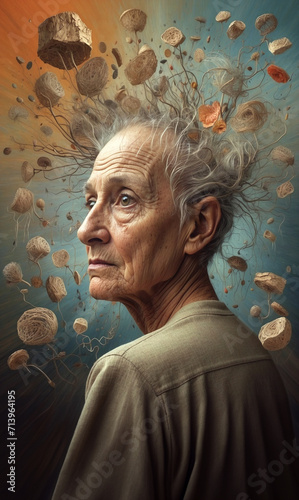 Elderly woman with neurological disease. Senile dementia memory loss, alzheimer photo