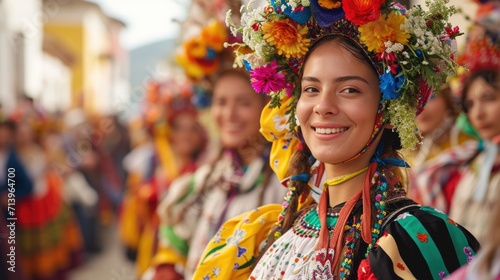 portrait of a woman in traditional clothing. traditional Easter parade with people in folk costumes, a celebration of cultural heritage in a vibrant community setting,
