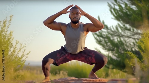 Young man doing stretching exercise outside. African man training outside.