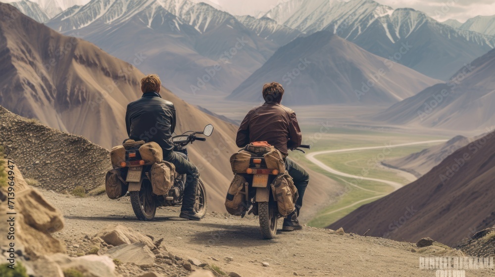 young indian bikers stopping by a great Himalayan view en route to Ladakh. - obrazy, fototapety, plakaty 