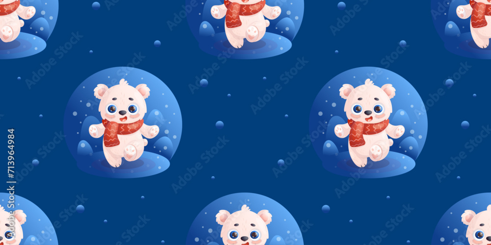 Seamless pattern with cute white polar bear in knitted scarf on blue background. Vector illustration in cartoon style. Kids collection.