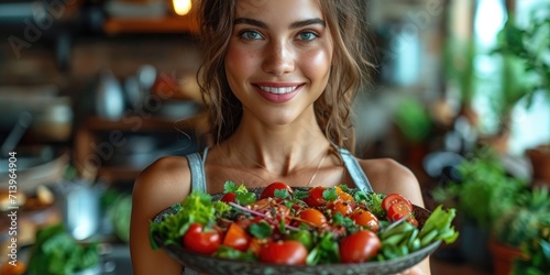 Young woman holding a plate with a healthy salad