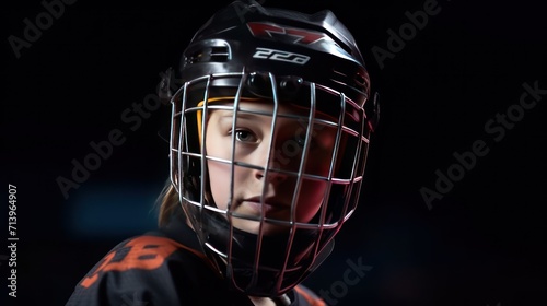 Young girl, hockey player in uniform and helmet training, standing with stick against black studio background in neon light. Concept of professional sport, competition, game, action, hobby.