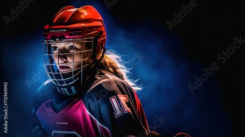 Young girl, hockey player in uniform and helmet training, standing with stick against black studio background in neon light. Concept of professional sport, competition, game, action, hobby.
