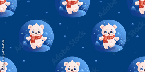 Seamless pattern with cute white polar bear in knitted scarf on blue background. Vector illustration in cartoon style. Kids collection.