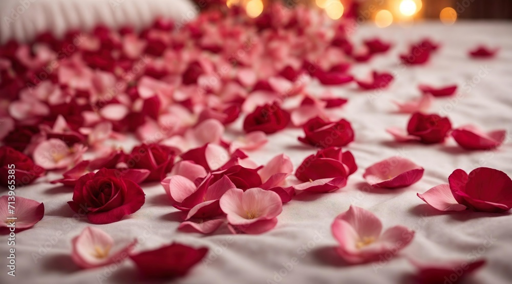 Rose petals on a bed. Romantic Valentine's day advertising picture. Wedding Background picture. Generative AI. Rose petals on a bed. Romantic Valentine's day advertising picture. Wedding Background picture. Generative AI.