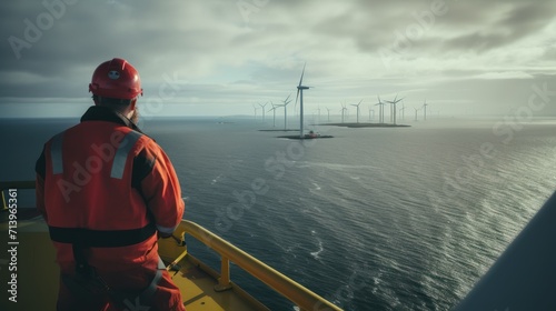 Worker on top of an offshore wind turbine looking at the ocean. photo