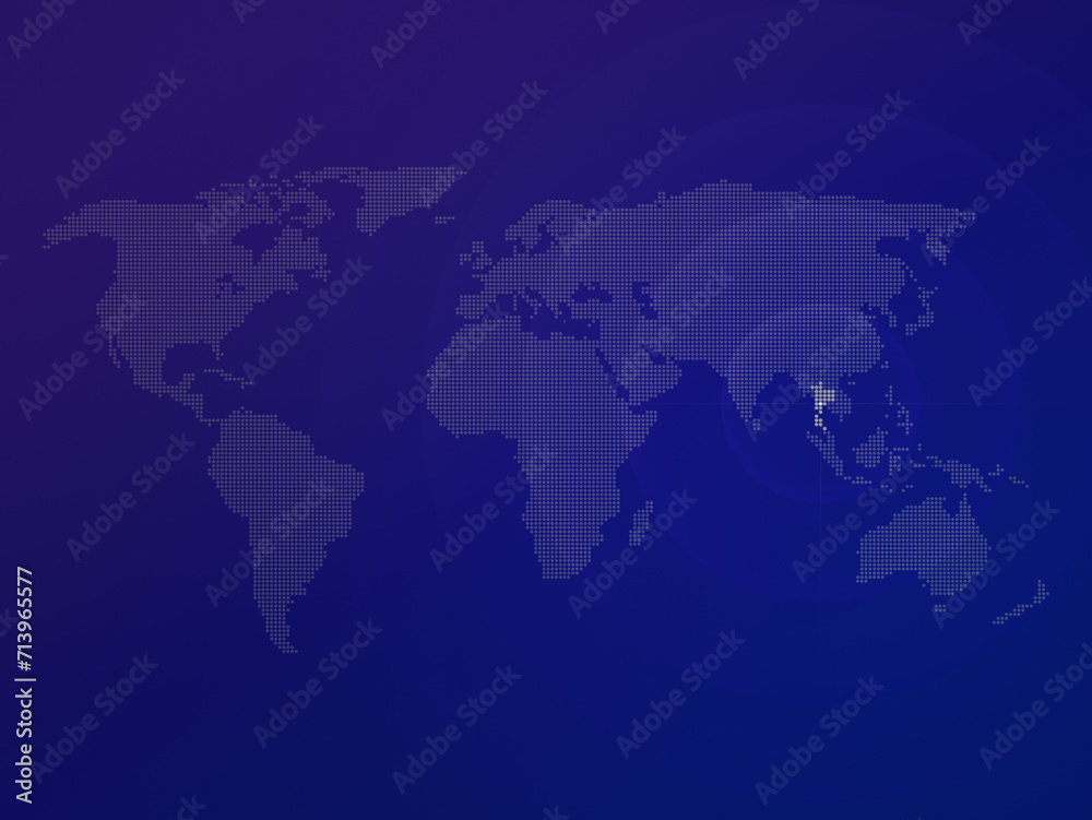 Dotted halftone world map with the country of Thailand highlighted. Modern and clean world map on a blue color gradient background.