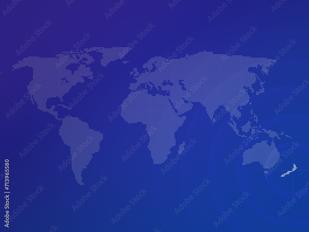 Dotted halftone world map with the country of New Zealand highlighted. Modern and clean world map on a blue color gradient background.