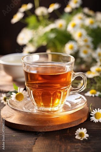vertical image of glass cup of herbal heathy chamomile tea on wooden table with chamomile flowers on rustic background