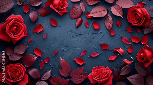 beauty background with red rose leafs, copy space, generative ai