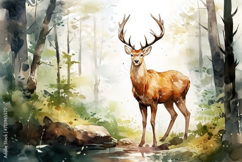 watercolor illustration of a majestic antlered wild deer in the spring forest