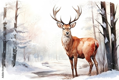 watercolor card of a majestic antlered deer in the winter snowy forest