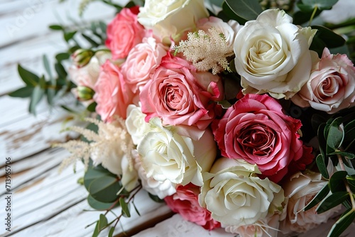 closeup beautiful white and pink roses bridal bouquet on white wooden table