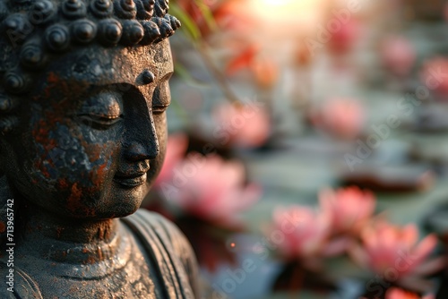 closeup head of buddha statue with pink lotuses