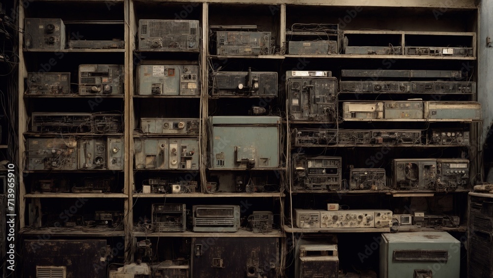 old computer equipment is gathering dust on the shelves