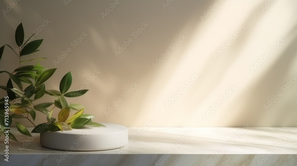 A minimalistic light background with a blurred shadow of foliage on a light wall for a presentation with a marble table and a houseplant near a wall with an empty space, product branding.
