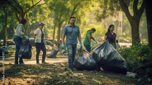 Volunteers of business with garbage bag cleaning park area together for charity work to Social and environment sustainable development goal in world environment photo