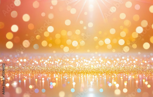 Wallpaper for party, holiday, birthday, invitation in trending peach fuzz color. Banner of bokeh abstract peach, pink and purple, golden bokeh sparkles lights. Blurred shiny, glowing festive, bokeh