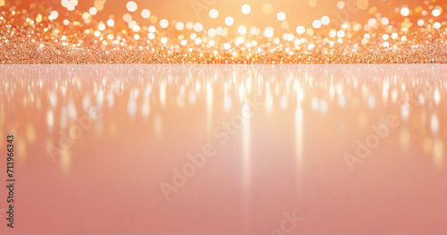 Wallpaper for party, holiday, birthday, invitation in trending peach fuzz color. Banner of bokeh abstract peach, pink and purple, golden bokeh sparkles lights. Blurred shiny, glowing festive, bokeh
