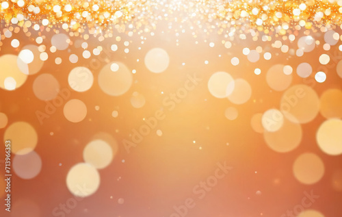 Wallpaper for party, holiday, birthday, invitation in trending peach fuzz color. Banner of bokeh abstract peach, pink and purple, golden bokeh sparkles lights. Blurred shiny, glowing festive, bokeh