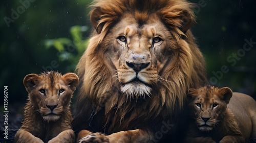 Lions in the Rain  Showcasing Resilience Amid Adversity - Majestic Wildlife Thriving in the Elements