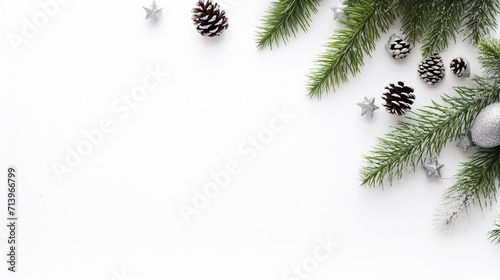  tree branch with pine cones in the snow ,white blank background,free space for text