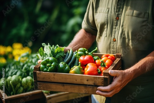 closeup of a farmer s hands holding a wooden box with organic vegetables