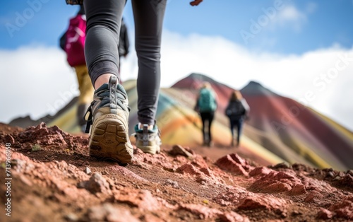 Low and Wide Angle Photo Capture Hikers Trekking the Rainbow Mountains in Peru, Embarking on an Adventure Through Nature's Stunning Alpine Landscape