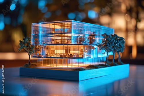 Illuminated Model Glass Building Displayed Outdoors at Twilight