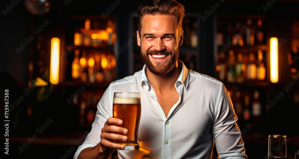 Handsome man is drinking beer in pub. He is standing and smiling